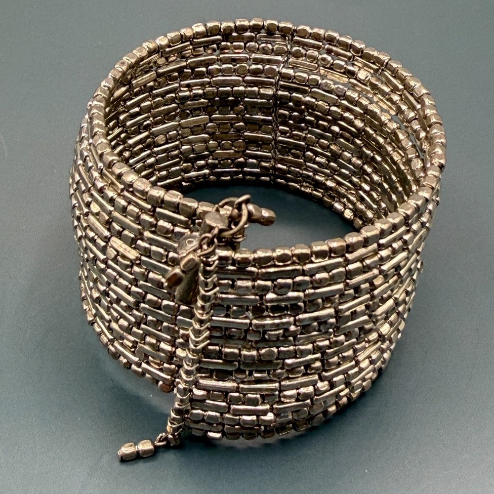 Silver Tone Wide Multi Strand Woven Beaded Bracelet Boho Chunky Statement Metal